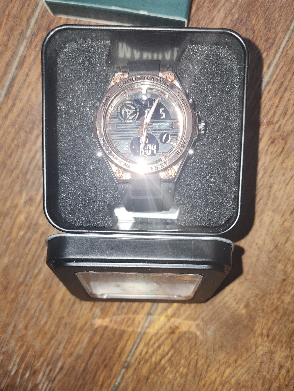 Sporty Rose Gold Accent Digital-Analog Watch with Black Band